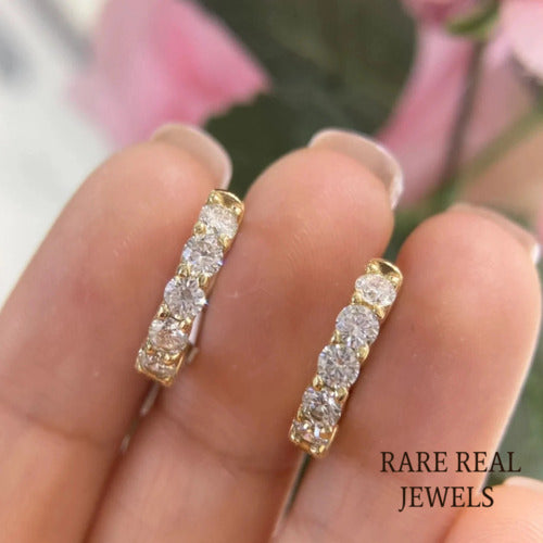10K Gold Lab Grown Diamond Huggie Hoop Earrings: Dainty 5-Stone Design