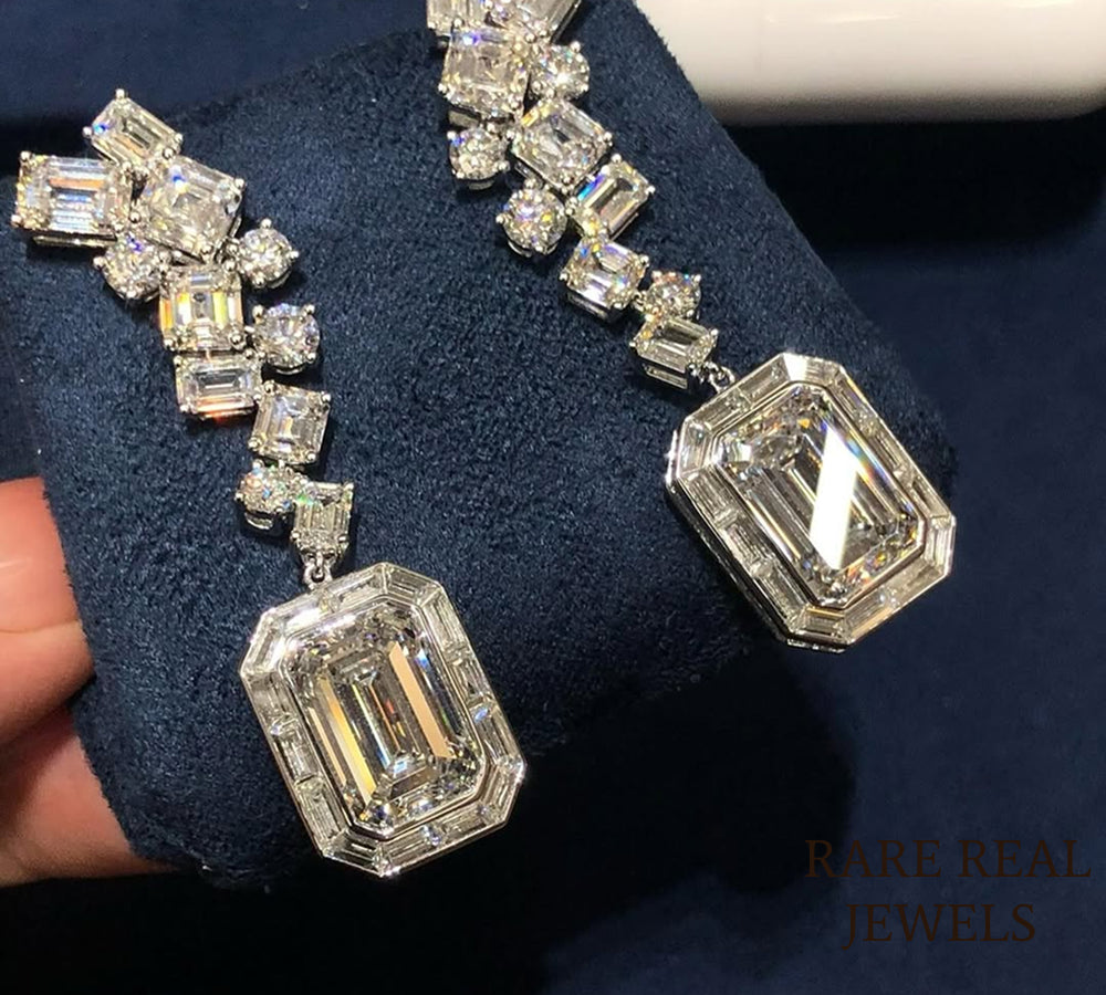 Luxury Emerald Cut Diamond Drop Earrings in 14K White Gold – Multi Shape Diamond Statement Dangle Earrings for Women