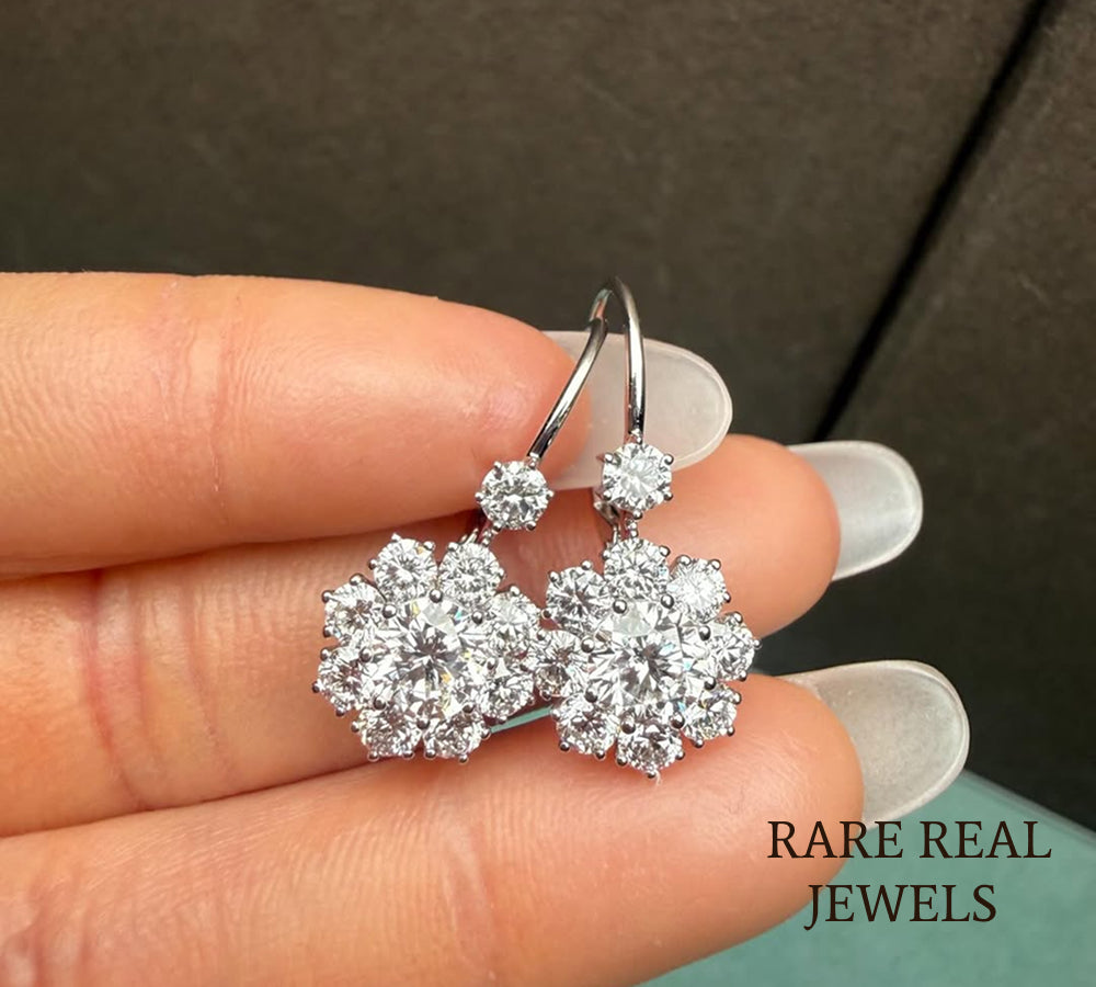 Luxury Floral Diamond Drop Earrings in 14K White Gold – Round Brilliant Cluster Diamond Dangle Earrings for Women