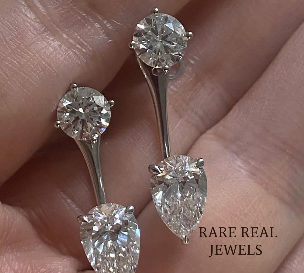 Round & Pear Lab Grown Diamond Drop Earrings, 14K White Gold Dangle Earrings, Bridal Diamond Earrings, Gift for Her