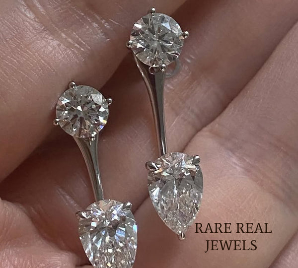 Round & Pear Lab Grown Diamond Drop Earrings, 14K White Gold Dangle Earrings, Bridal Diamond Earrings, Gift for Her