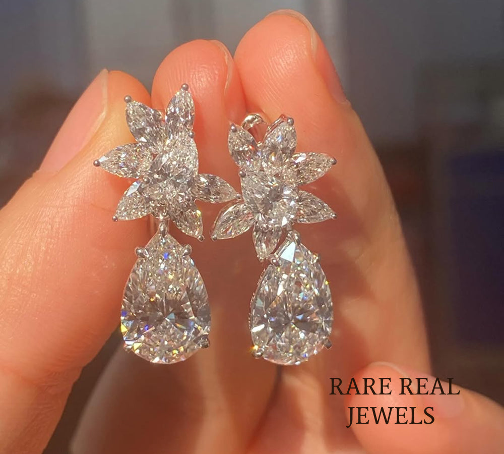 Pear Cut Lab Grown Diamond Floral Cluster Dangle Earrings, Bridal White Gold