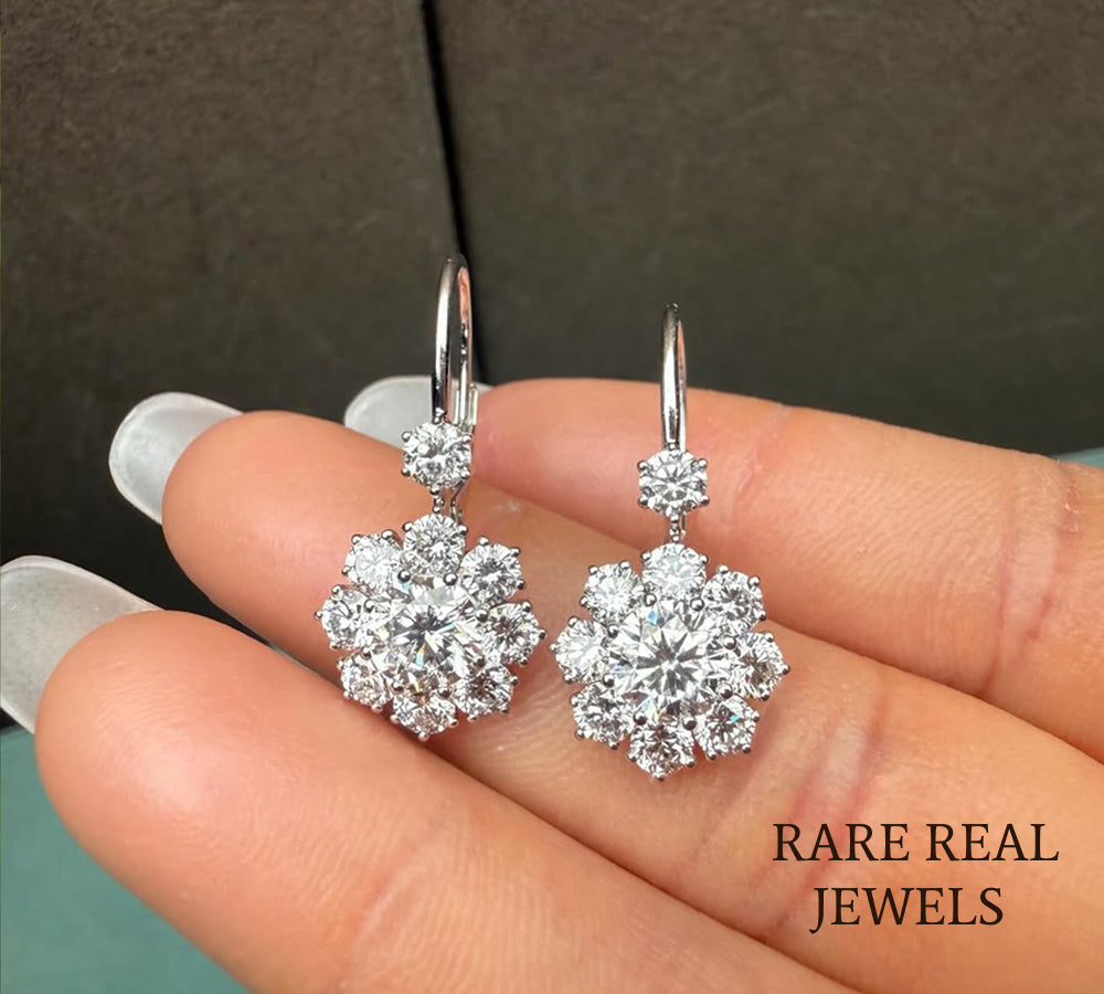 Luxury Floral Diamond Drop Earrings in 14K White Gold – Round Brilliant Cluster Diamond Dangle Earrings for Women