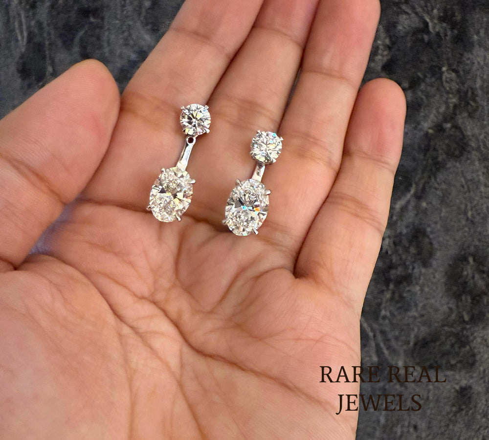 Luxury Oval and Round Diamond Drop Earrings in 14K White Gold – Two Stone Diamond Dangle Earrings for Women Secondary image