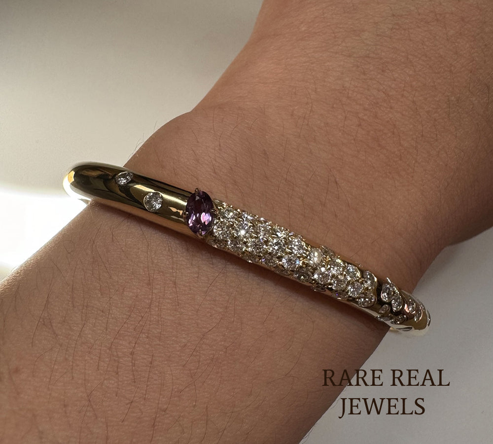 Luxury Diamond and Amethyst Hinged Bangle Bracelet in 14K Rose Gold – Pavé Diamond Statement Bangle for Women