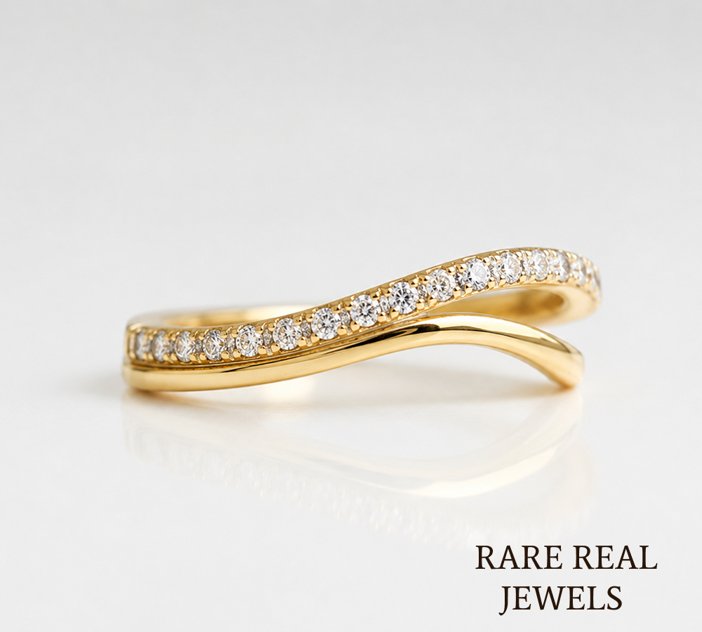 Curved Diamond Wedding Band, 14K Yellow Gold Curved Stacking Ring, Lab Diamond Chevron Ring, Minimalist Bridal Band
