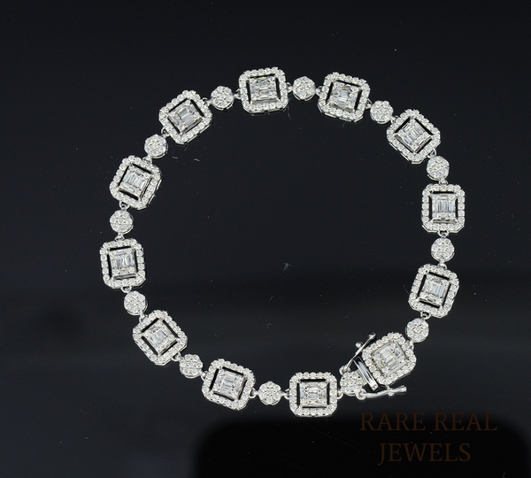 14K White Gold Baguette Cut Lab Grown Diamond Tennis Bracelet | Halo Diamond Link Bracelet for Women | Luxury Bridal Jewelry Gift