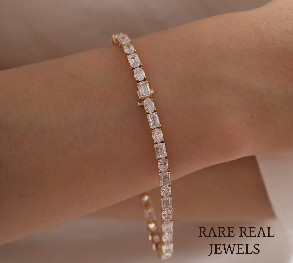 Oval & Emerald Cut Lab Grown Diamond Tennis Bracelet in 18K Yellow Gold | Mixed Shape Diamond Bracelet Main image