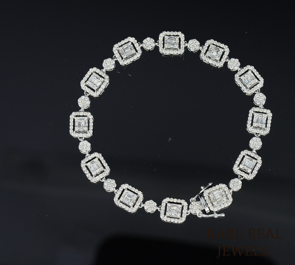 14K White Gold Baguette Cut Lab Grown Diamond Tennis Bracelet | Halo Diamond Link Bracelet for Women | Luxury Bridal Jewelry Gift