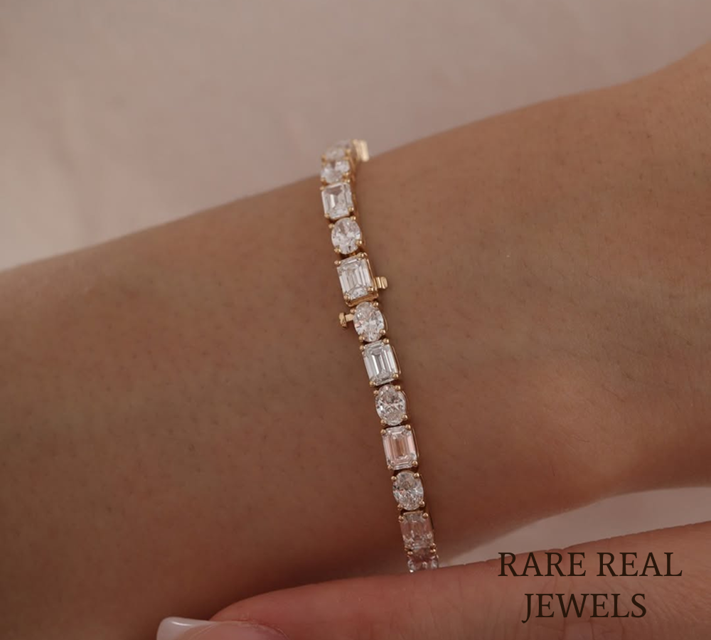 Oval & Emerald Cut Lab Grown Diamond Tennis Bracelet in 18K Yellow Gold | Mixed Shape Diamond Bracelet Secondary image