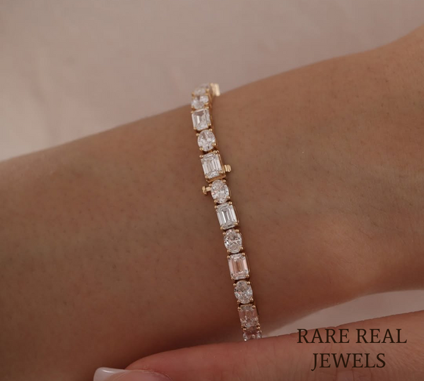 Oval & Emerald Cut Lab Grown Diamond Tennis Bracelet in 18K Yellow Gold | Mixed Shape Diamond Bracelet