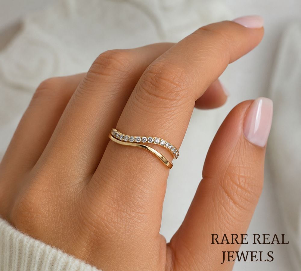 Curved Diamond Wedding Band, 14K Yellow Gold Curved Stacking Ring, Lab Diamond Chevron Ring, Minimalist Bridal Band