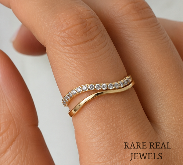 Curved Diamond Wedding Band, 14K Yellow Gold Curved Stacking Ring, Lab Diamond Chevron Ring, Minimalist Bridal Band