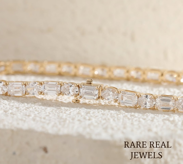 Oval & Emerald Cut Lab Grown Diamond Tennis Bracelet in 18K Yellow Gold | Mixed Shape Diamond Bracelet