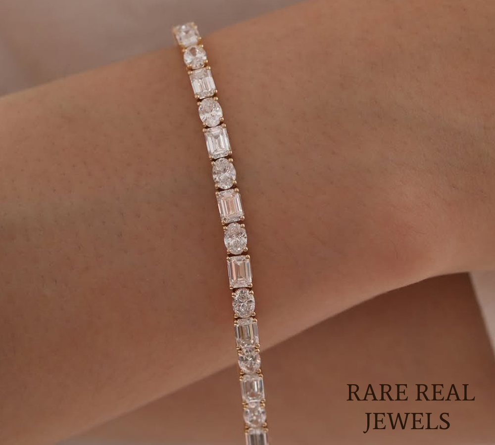 Oval & Emerald Cut Lab Grown Diamond Tennis Bracelet in 18K Yellow Gold | Mixed Shape Diamond Bracelet