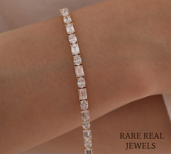 Oval & Emerald Cut Lab Grown Diamond Tennis Bracelet in 18K Yellow Gold | Mixed Shape Diamond Bracelet