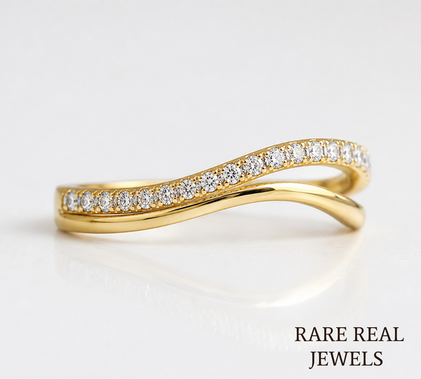 Curved Diamond Wedding Band, 14K Yellow Gold Curved Stacking Ring, Lab Diamond Chevron Ring, Minimalist Bridal Band