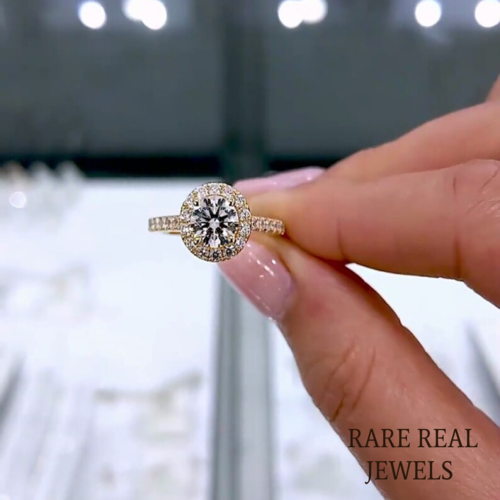 1.50ct Lab Grown Diamond Cathedral Ring: Halo Pave 14K Yellow Gold Engagement Ring