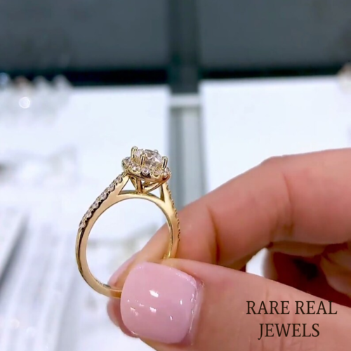 1.50ct Lab Grown Diamond Cathedral Ring: Halo Pave 14K Yellow Gold Engagement Ring