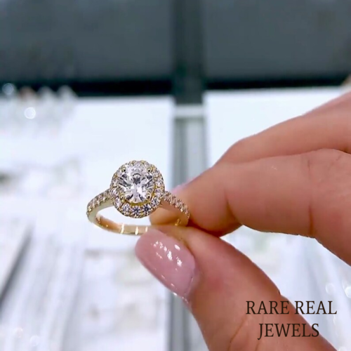 1.50ct Lab Grown Diamond Cathedral Ring: Halo Pave 14K Yellow Gold Engagement Ring