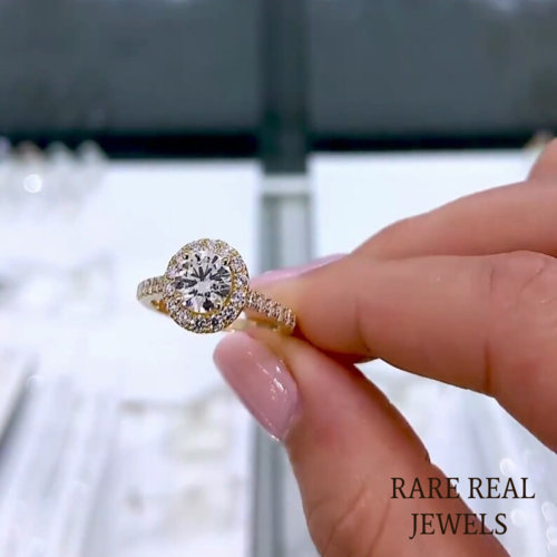 1.50ct Lab Grown Diamond Cathedral Ring: Halo Pave 14K Yellow Gold Engagement Ring