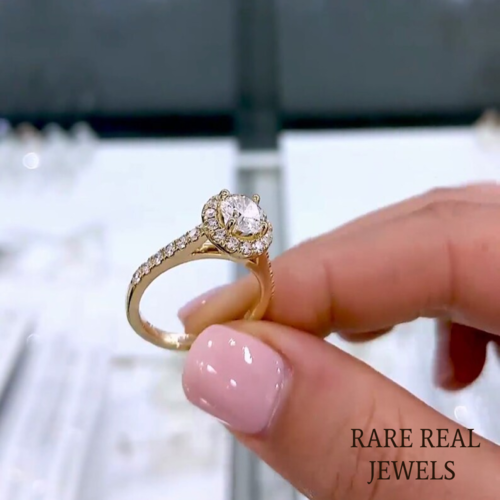 1.50ct Lab Grown Diamond Cathedral Ring: Halo Pave 14K Yellow Gold Engagement Ring