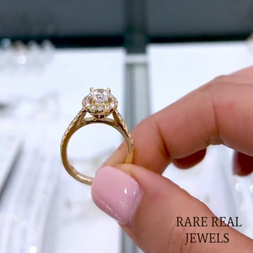 1.50ct Lab Grown Diamond Cathedral Ring: Halo Pave 14K Yellow Gold Engagement Ring
