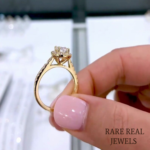 1.50ct Lab Grown Diamond Cathedral Ring: Halo Pave 14K Yellow Gold Engagement Ring