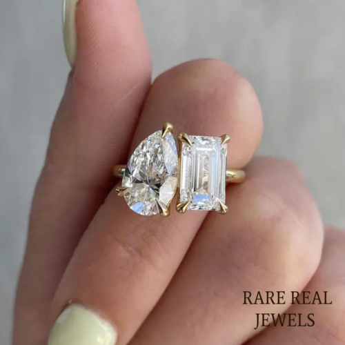 3.50CT Pear & Emerald Lab Grown Diamond Toi et Moi Yellow Gold Ring
