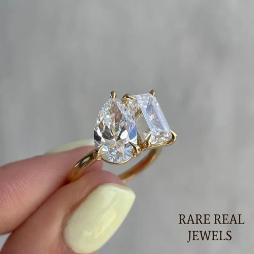 3.50CT Pear & Emerald Lab Grown Diamond Toi et Moi Yellow Gold Ring
