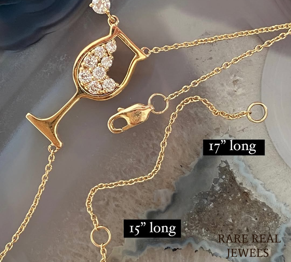 Wine Glass Diamond Pendant Necklace | 14K Yellow Gold | Adjustable 15”–17” | Dainty Celebration Jewelry,Lab Diamond Necklace