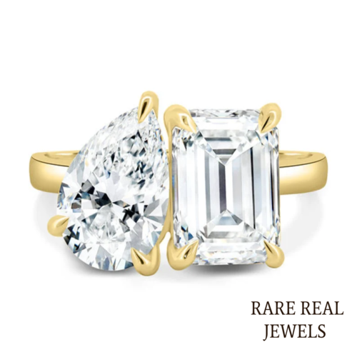 3.50CT Pear & Emerald Lab Grown Diamond Toi et Moi Yellow Gold Ring