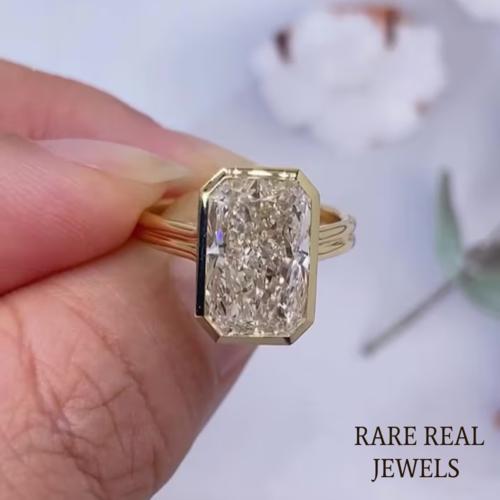 4.00CT Radiant Lab Grown Diamond Ring: Yellow Gold Bezel Trellis Setting Secondary image