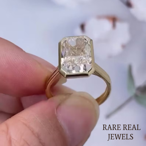4.00CT Radiant Lab Grown Diamond Ring: Yellow Gold Bezel Trellis Setting
