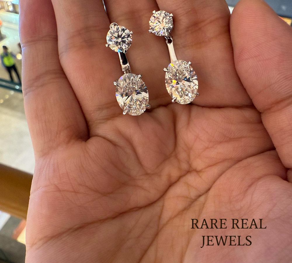 Luxury Oval and Round Diamond Drop Earrings in 14K White Gold – Two Stone Diamond Dangle Earrings for Women