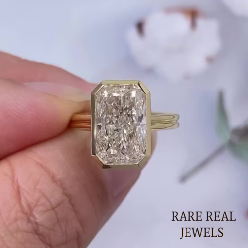 4.00CT Radiant Lab Grown Diamond Ring: Yellow Gold Bezel Trellis Setting