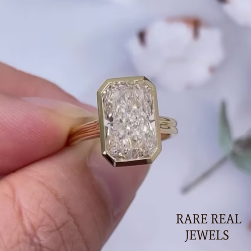 4.00CT Radiant Lab Grown Diamond Ring: Yellow Gold Bezel Trellis Setting Main image