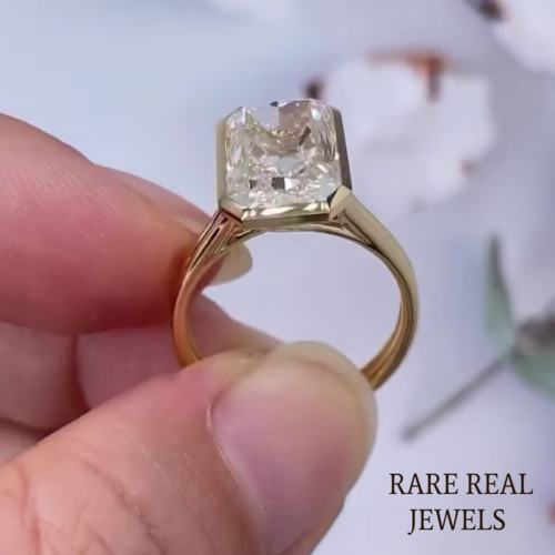 4.00CT Radiant Lab Grown Diamond Ring: Yellow Gold Bezel Trellis Setting