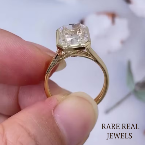 4.00CT Radiant Lab Grown Diamond Ring: Yellow Gold Bezel Trellis Setting
