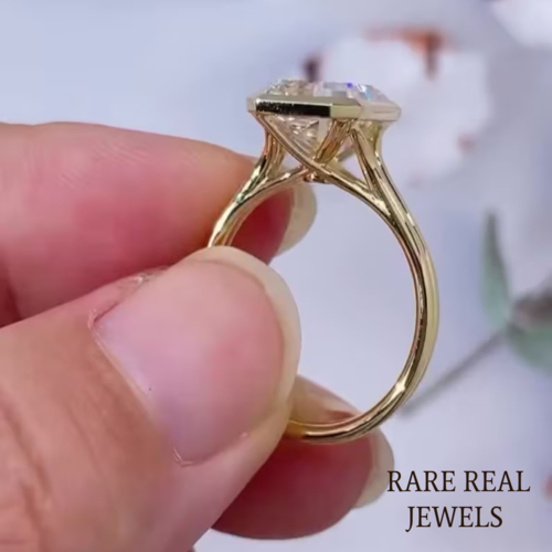 4.00CT Radiant Lab Grown Diamond Ring: Yellow Gold Bezel Trellis Setting