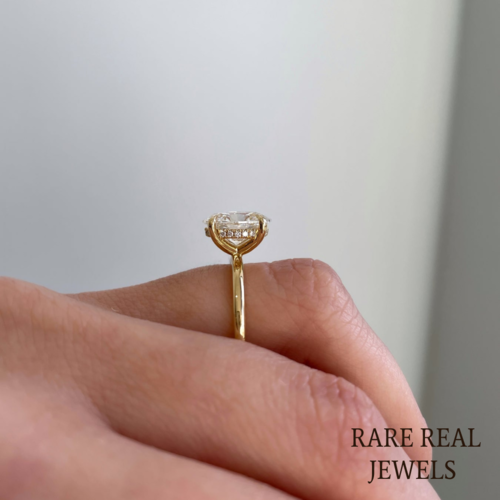 Oval Lab Grown Diamond Engagement Ring: Yellow Gold Solitaire with Hidden Halo