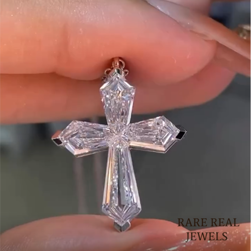 Baguette Lab Grown Diamond Cross Necklace: 14K White Gold Pendant