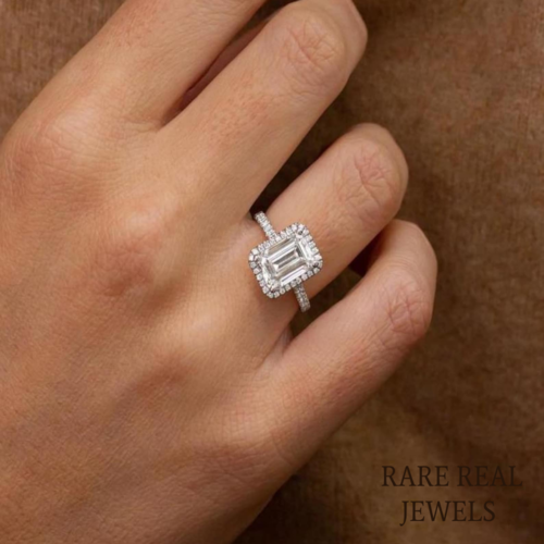 2.00 ct Emerald Cut Lab Grown Diamond White Gold Halo Engagement Ring