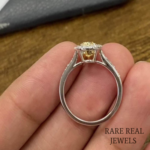 1.50CT Oval Yellow Lab Grown Diamond Engagement Ring: White Gold Halo Pave Setting
