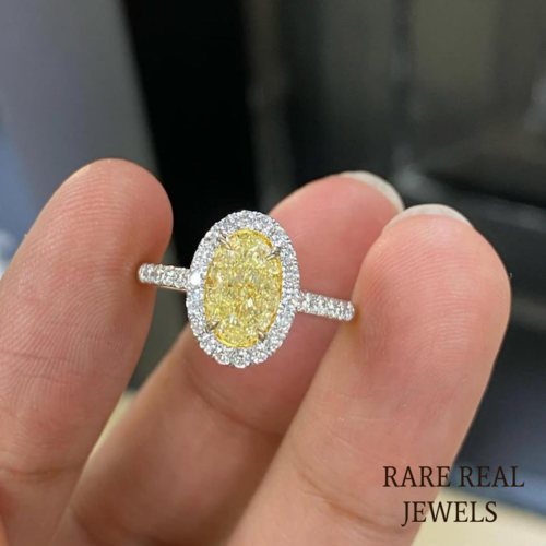 1.50CT Oval Yellow Lab Grown Diamond Engagement Ring: White Gold Halo Pave Setting