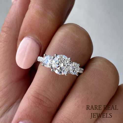2.00ct Round Lab Grown Diamond Three Stone Pave Setting Engagement Ring mom's gift Main image