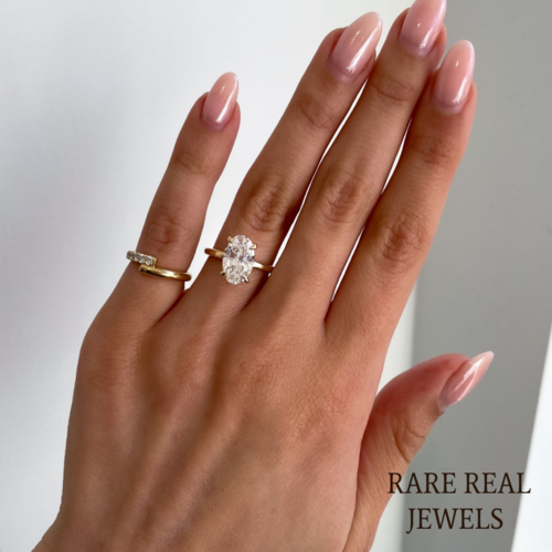 Oval Lab Grown Diamond Engagement Ring: Yellow Gold Solitaire with Hidden Halo