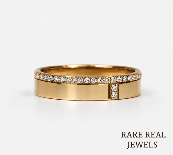Diamond Cross Wedding Band, 14K Yellow Gold Pave Ring, Lab Diamond Anniversary Ring, Minimalist Stackable Band