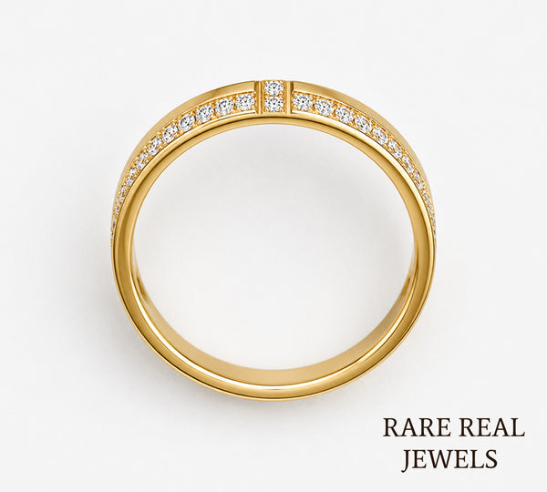 Diamond Cross Wedding Band, 14K Yellow Gold Pave Ring, Lab Diamond Anniversary Ring, Minimalist Stackable Band