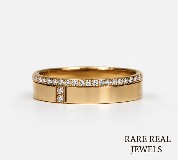 Diamond Cross Wedding Band, 14K Yellow Gold Pave Ring, Lab Diamond Anniversary Ring, Minimalist Stackable Band